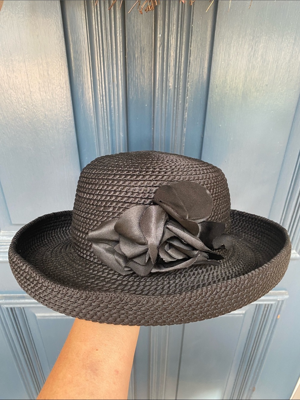Vintage David Cohen Women’s Rolled Brim Silk Hat with Floral Accent in Black